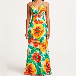 Long Floral Satin Sequin Accent Halter Prom Formal Evening Gown  – Size S